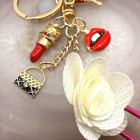 Lips, Lipstick, Purse and Flower Purse Charm Keychain - Adorable - NEW - Picture 2 of 4